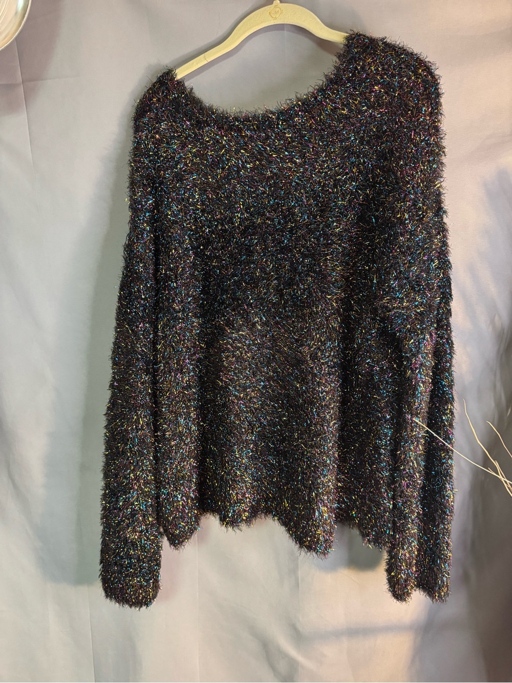 Roaman's Black Fuzzy Crewneck Sweater with Multicolor Tinsel